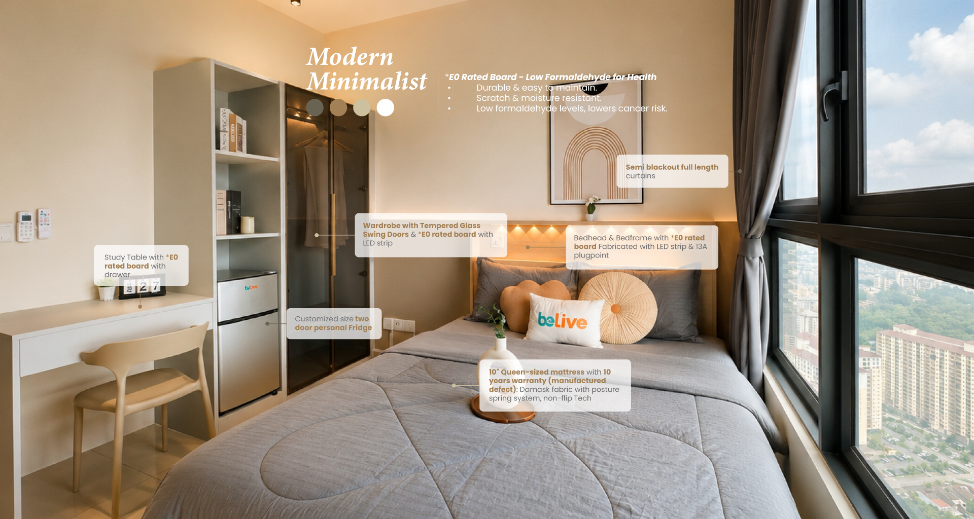A furnished BeLive co-living room